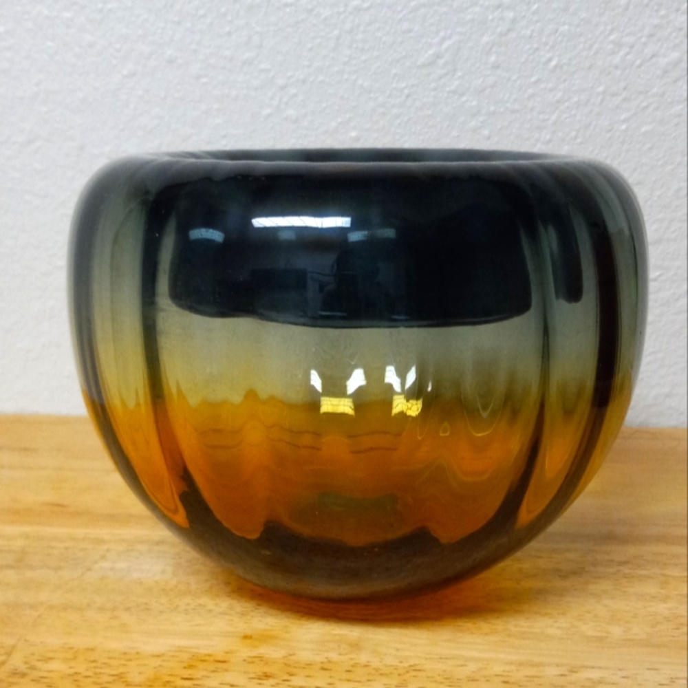 Lrg Ombre Olive Green to Gold Scandinavian Glass Bowl.